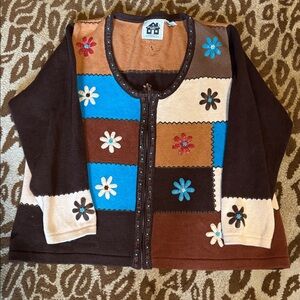 STORYBOOK KNITS Cheyenne floral colorblock zip up Sweater Cardigan Womens 2X
